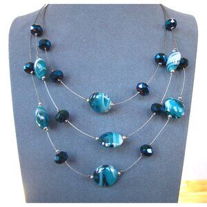 Multilayered Teal & Blue Crystal Bead Necklace With Adjustable Chain